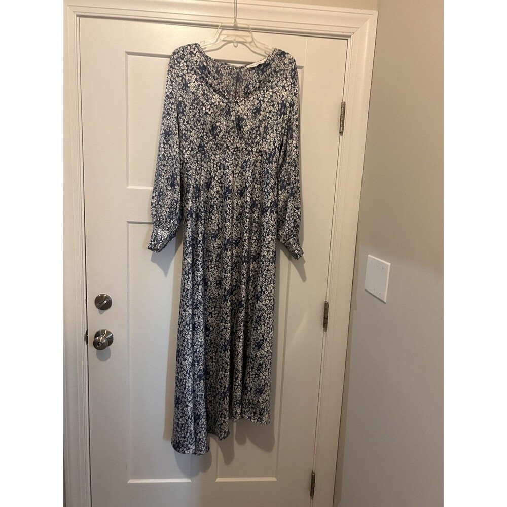 Floret Studios Blue Floral Long Sleeve Bias A-line Maxi Dress Size Large Modest